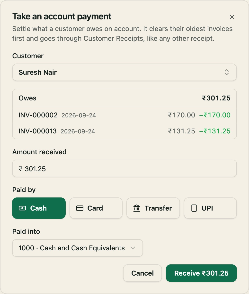 A balance settled at the counter, clearing the oldest invoices first.