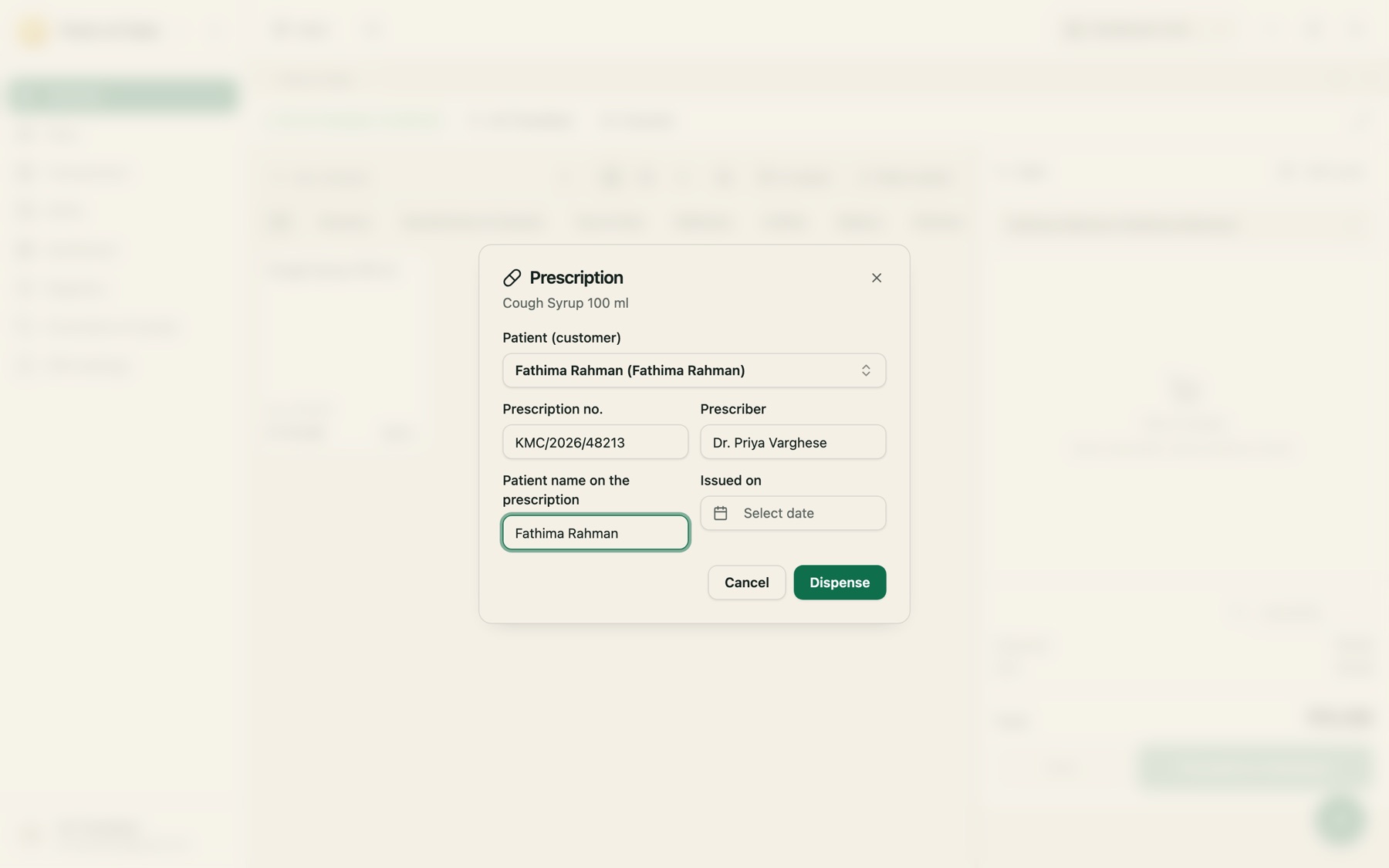 A prescription-only line asks for the prescription and the patient before it goes on the bill.