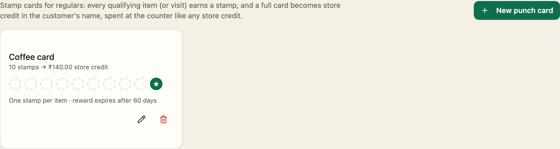 A coffee card: ten stamps, then store credit for a drink in the regular’s name.