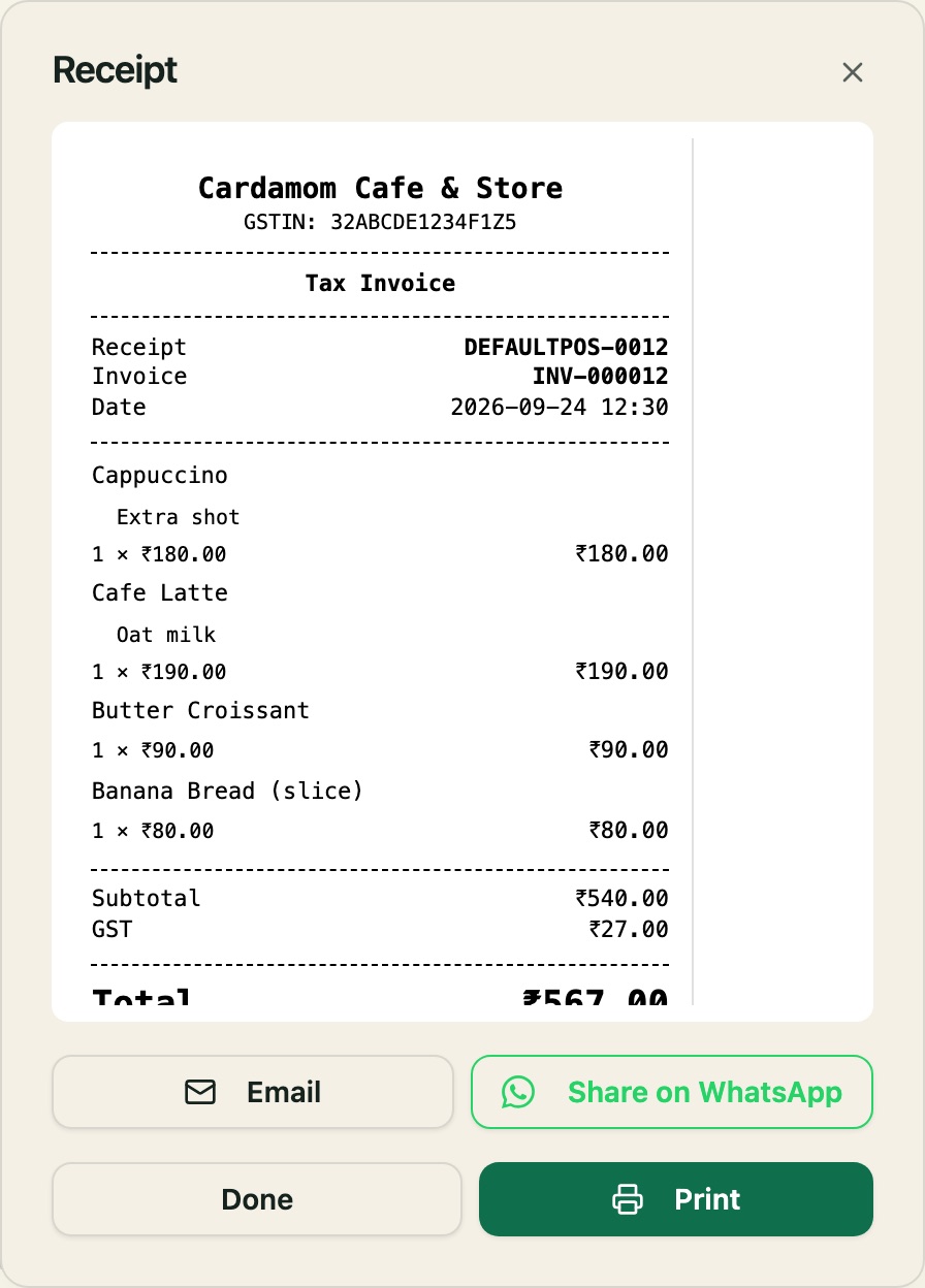 A GST tax invoice from the counter, with the options printed under each line.