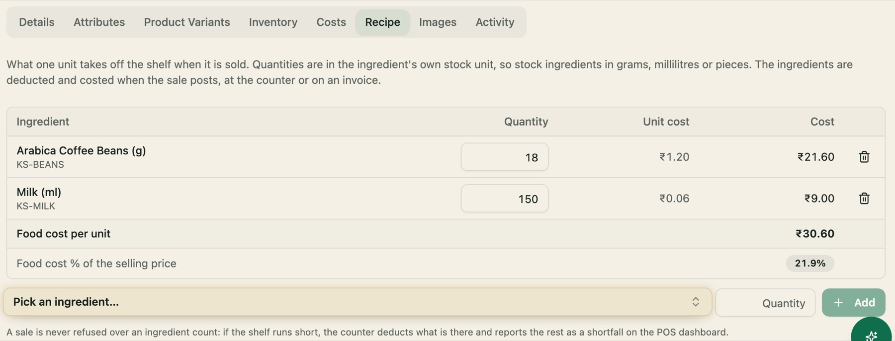 A recipe: what one cappuccino takes off the shelf, and its food cost against the price.