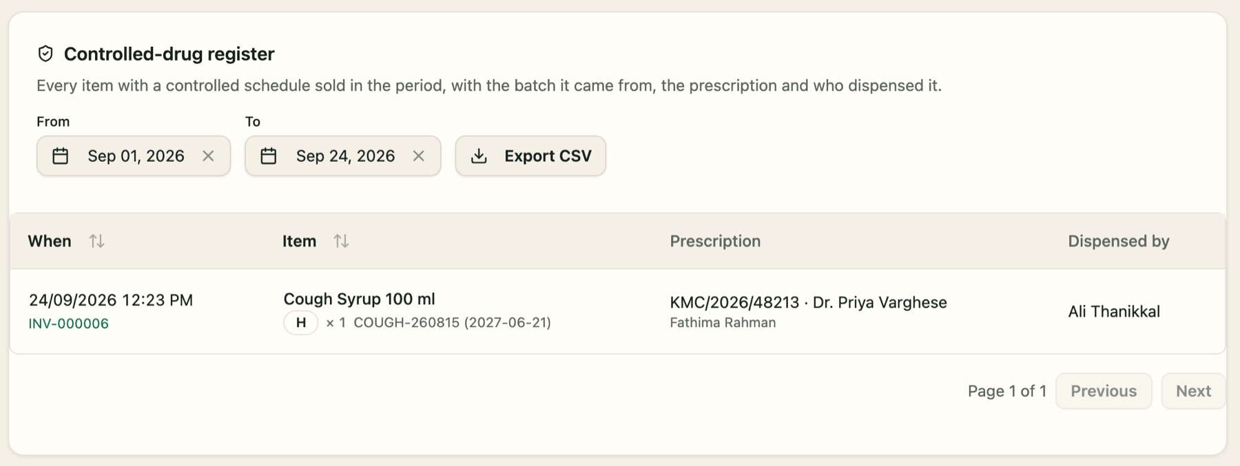 The controlled-drug register: batch, prescription and dispenser for every scheduled sale.